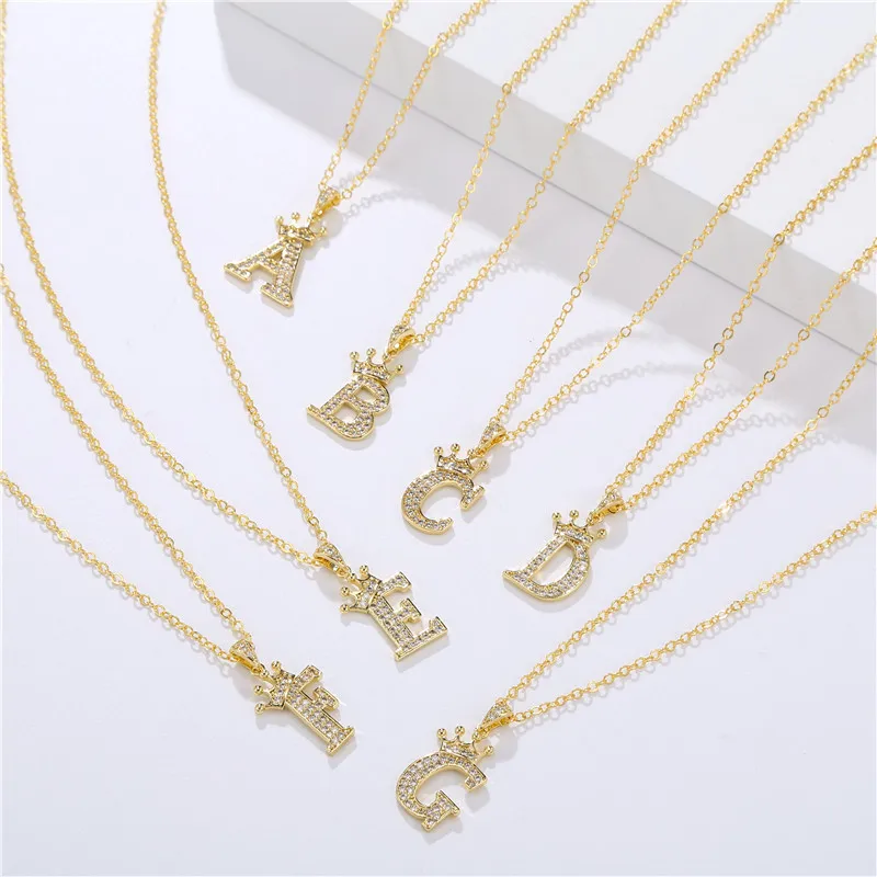 

26 Letters A-Z Zircon Crown Initial Alphabet Pendant Necklace Handsome Punk Hip Hop Style Choker Gold Chain Jewelry Gift
