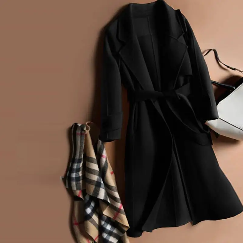 black Женская мода, осенне-зимнее двустороннее кашемировое длинное шерстяное пальто, пальто, женская Повседневная тонкая утепленная верхняя одежда с поясом N89 - Цвет: black