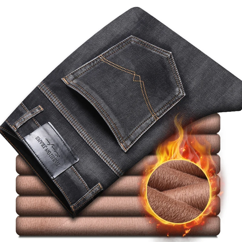 

2020winter new men's business jeans fashion casual regular slim stretch denim trousers thickened warmth classic gray men's brand