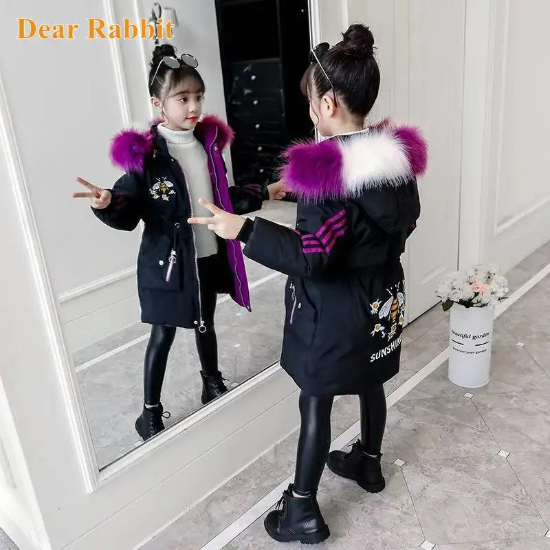 

2022 New Brand Hooded Winter Jacket for girls clothing cartoon bee Parka for girl Thicken Long Color faux fur Coat Kids Clothes