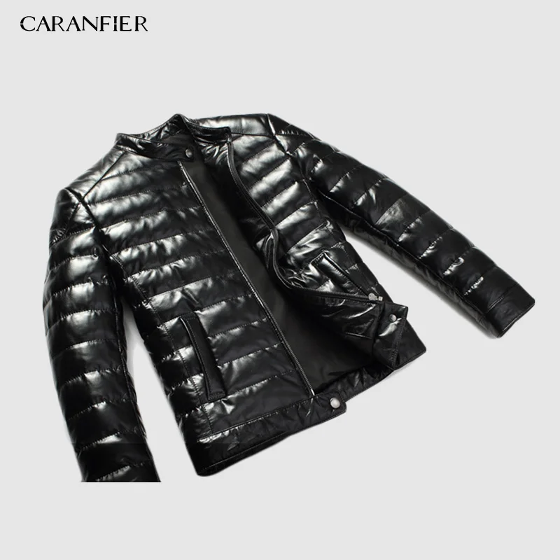CARANFIER New Men Genuine Leather Down Jacket Brand Slim Sheepskin Coat Winter Stand Collar Warm | Мужская одежда