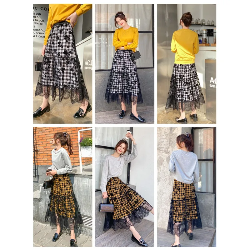 

kywommnz Women, Embroidery, Half-length Skirt, Mesh, Lace, Skirt, High Waist, A-line, Retro,Pleated,Skirt,2021,Summer, New, E469