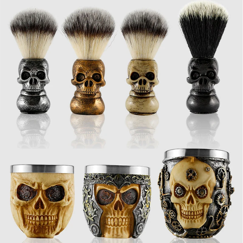 1set Fiber resin handle beard shaving brush personality skull beard brush set, stainless steel bubbling bowl men's shaving gift
