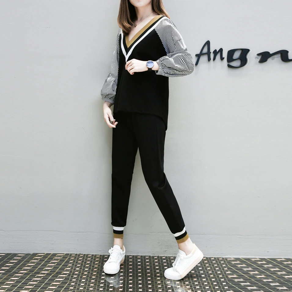 2019 новые осенние женские комплекты Лоскутные Полосатые рубашки пуловеры Топы