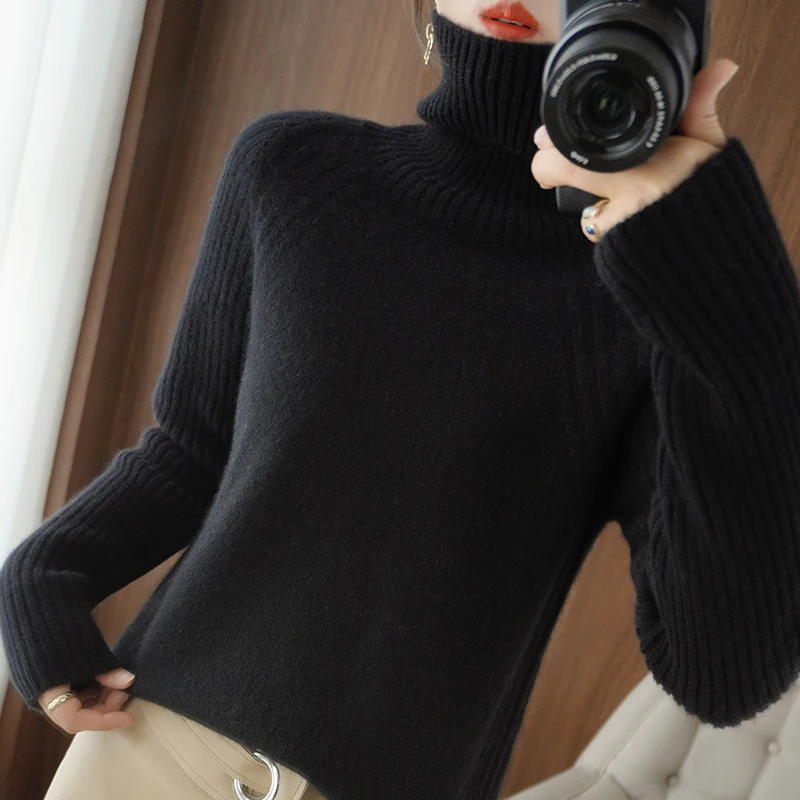 Turtleneck pure wool sweater women's fall/winter 2023 new loose pullover sweater striped sleeves thin wild sweater Tops y2k