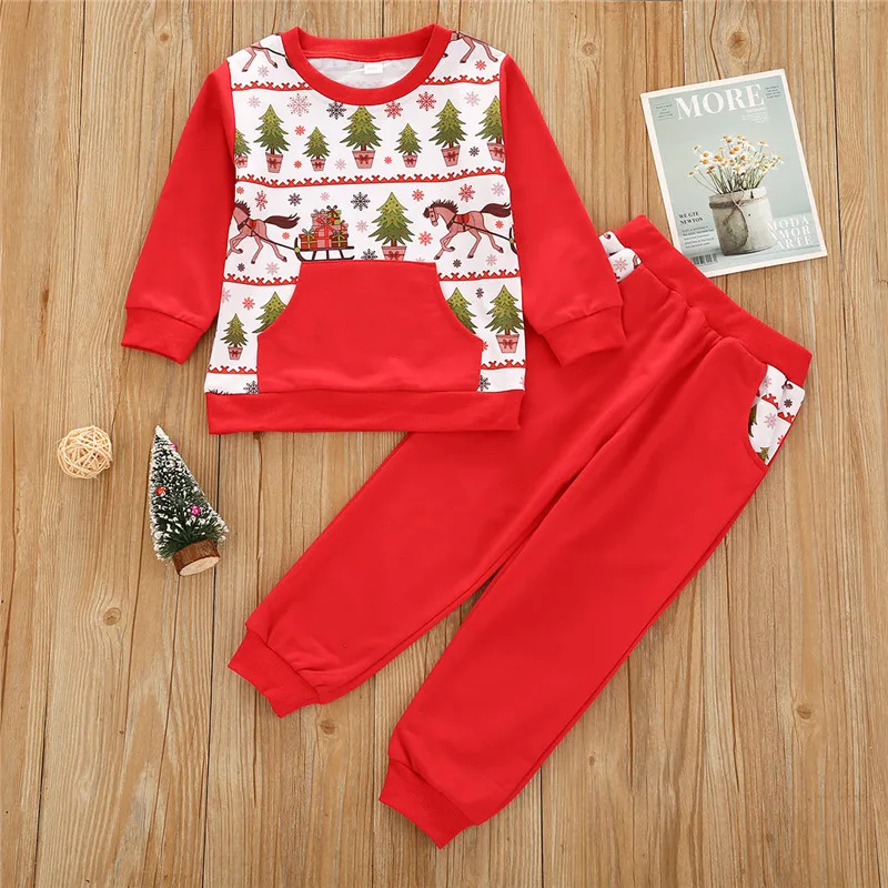 

Children's suit boys and girls Christmas tree round neck top + solid color stitching pocket trousers children's sweater suit