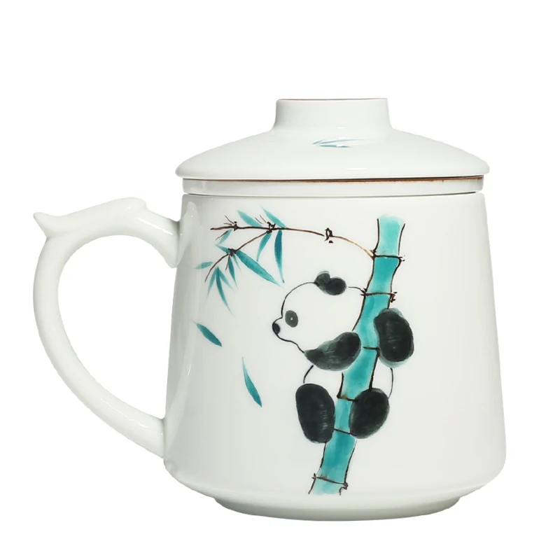 Hand Painted Cute Panda Water Cup Kung Fu Tea Set Ceramic Tea Brewing Cup with Cover Strain Girls Mug Office Cup