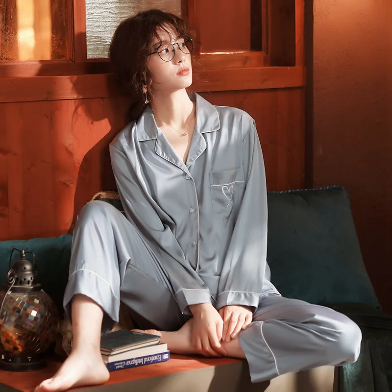 

2021 New Couples Sleepwear 2PCS Sleep Set Couple Silky Print Home Clothes Pijamas Pyjamas Casual Satin Pajamas Shirt&Pants