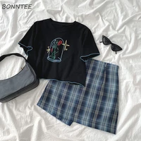 2 piece sets women summer fashion korean preppy chic teens outfit sexy mini skirt sweet printed simple all match womens crop top