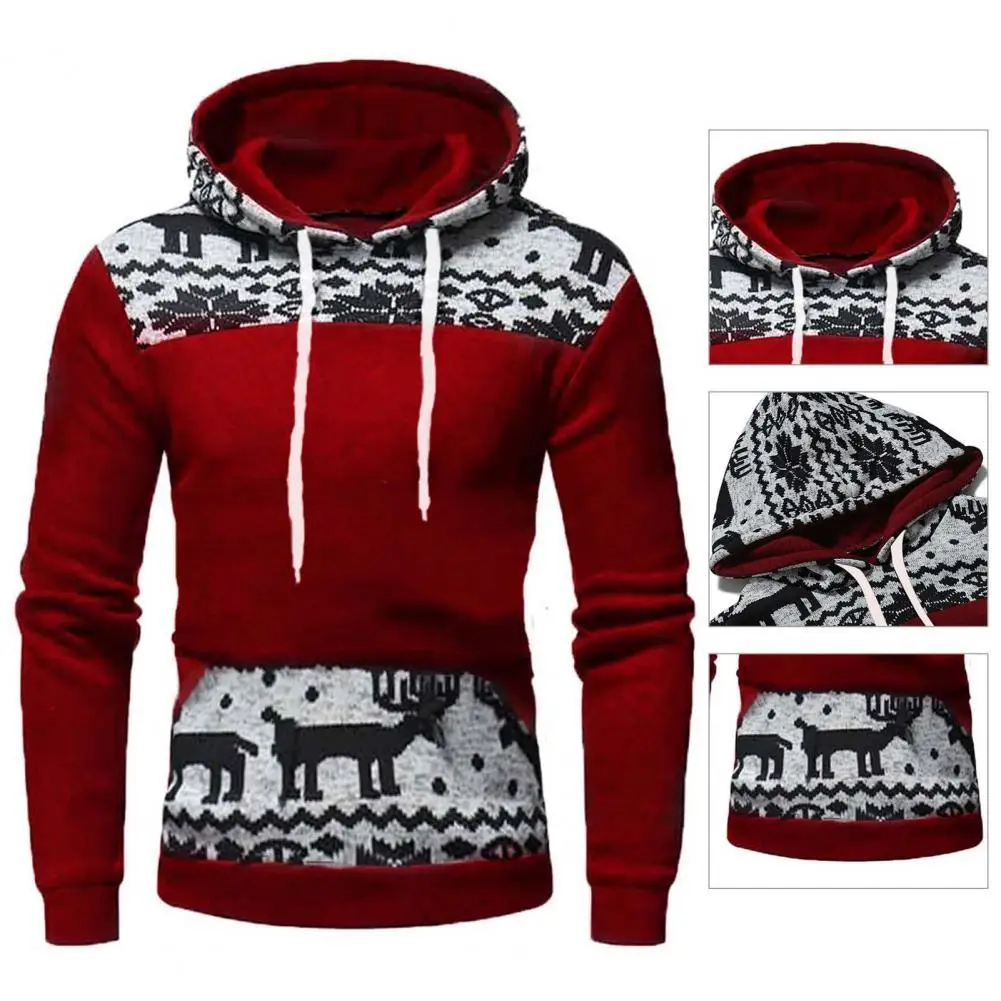 Xmas Hoodie Stretchy All-Match Warm Elk Print Patchwork Xmas Sweatshirt Sweatshirt Jumper Male Clothing  - buy with discount