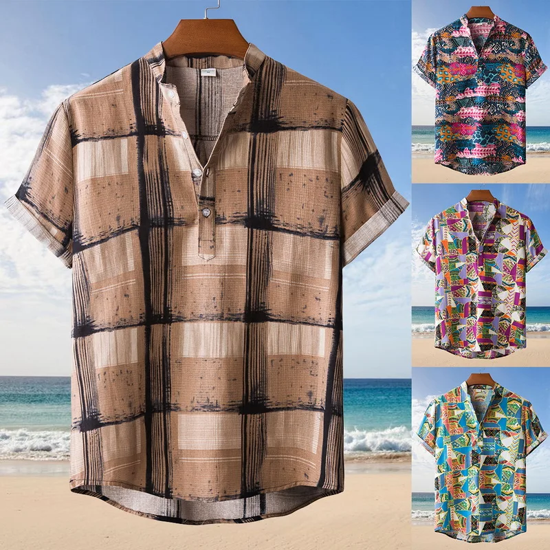 

Linen Short Sleeve Shirt Men Summer Floral Loose Baggy Casual Hawaii Holiday Beach Shirt Tee Tops Buttons Blouse National Style