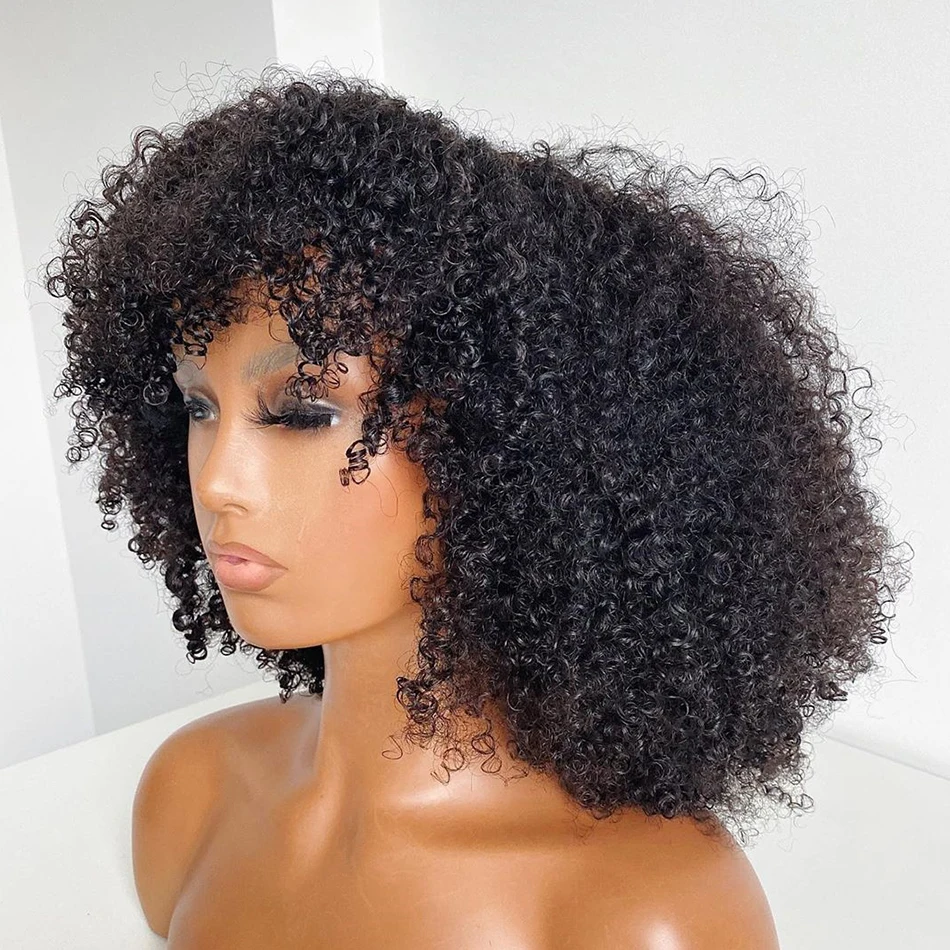 

200% Density Afro Kinky Curly Wig With Bangs Brazilian Remy Human Hair Machine Made Short Wigs Glueless For Black Women Luffywig