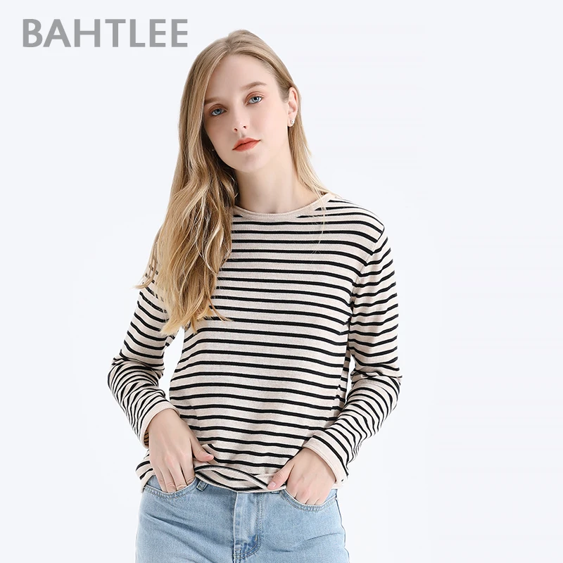 BAHTLEE Spring Autumn Women Wool Pullovers Black White Striped Sweater Knitted Jumper Long Sleeves O-Neck  Loose Style