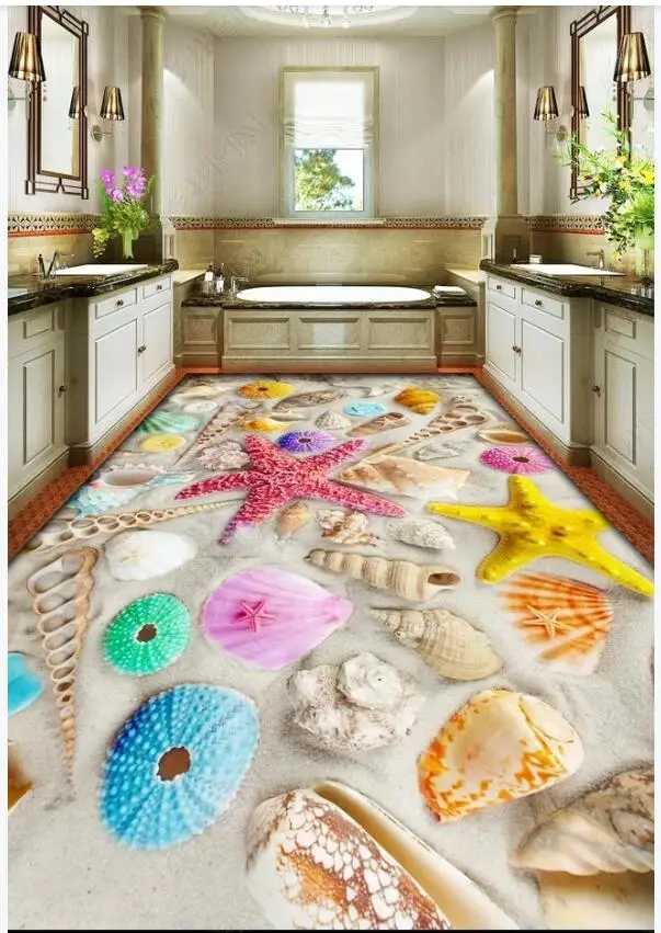 

Custom photo 3d pvc floor self-adhesive wallpaper Beach colorful seashell starfish vinyl Wall stickers wallpaper in the bedroom