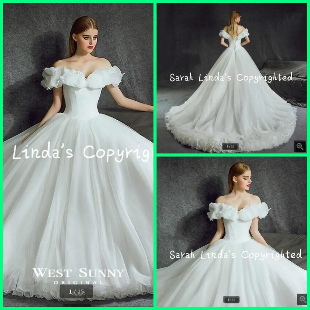 

2020 free shipping-wholesale ball gown off the shoulder wedding dresses v neckline pick-ups princess puffy wedding gowns
