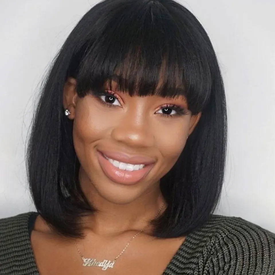 

Straight Short Bob Human Hair Wig With Bangs Glueless Full Machine Made Bob Brazilian Human Hair Wigs For Women Natural Color