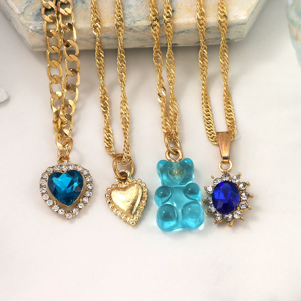 

Boho Cute Gummy Bear Crystal Heart Long Chain Necklace Set for Women Multi Layer Golden Clavicle Chain Tennis Choker New Jewelry