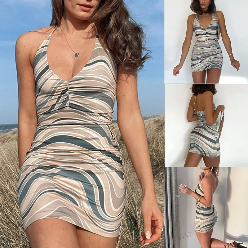 

Women's New Swirl Water Ripple Printed V-Neck Halter Slim-Fit Hip Halter Dress Khaki