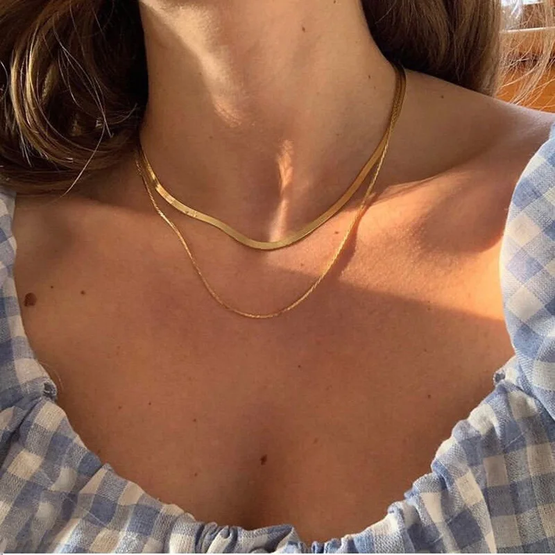 

Korean Fashion Charm Women Snake Chain Choker Necklace Stainless Steel Gold Silve Color Flat Herringbone Chokers Link for Girls