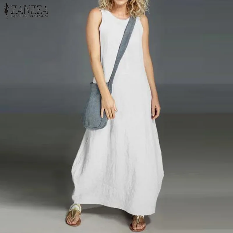 Белый ZANZEA женское летнее платье, женские Сарафаны без рукавов, сарафан, Длинное Макси платье размера плюс, женское пляжное платье для вечеринки, 5XL - Цвет: Белый