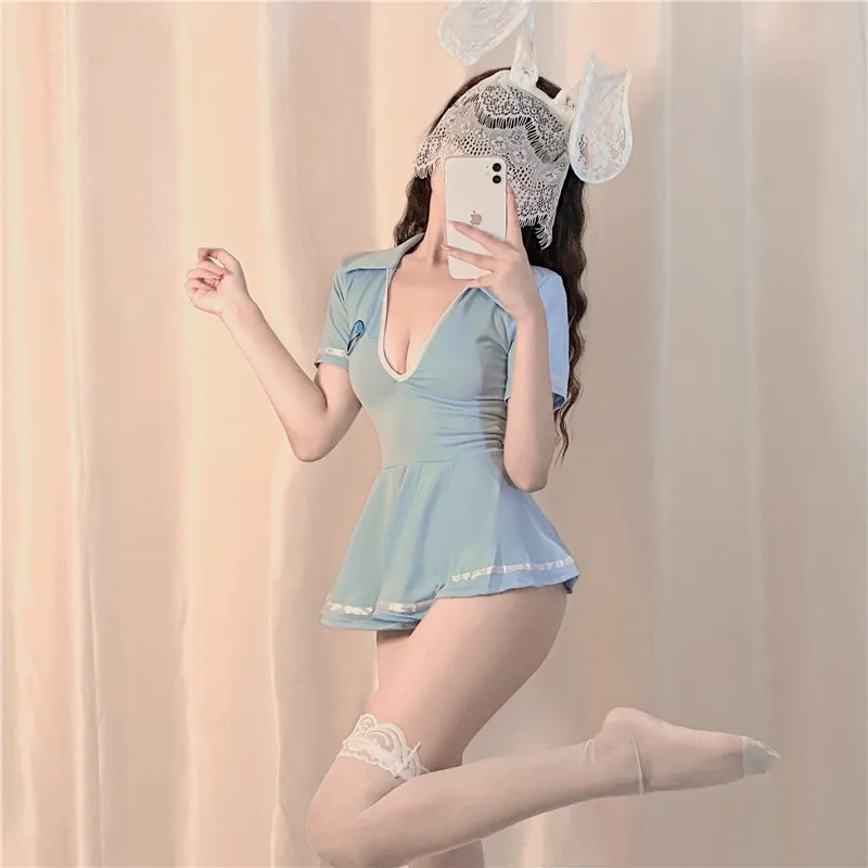 

SEXY MEOW Erotic Lingerie Bunny Ears One-Piece Short Skirt Role Play Costume Blue Suit Uniform Hip Miniskirt Dress Nightdress
