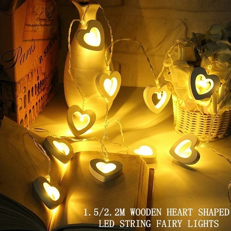 

1.5/2.2m 10/20LED String Fairy Lights Xmas Christmas Party Lamp Wooden Heart Shaped Decorative Lights for Wedding Bedroom Garden