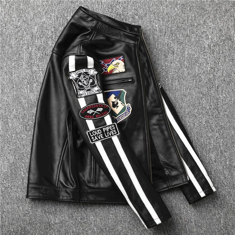 

genuine Men's motorcycle leather jacket top layer cowhide multi-standard embroidered leather jacket punk leather jacket