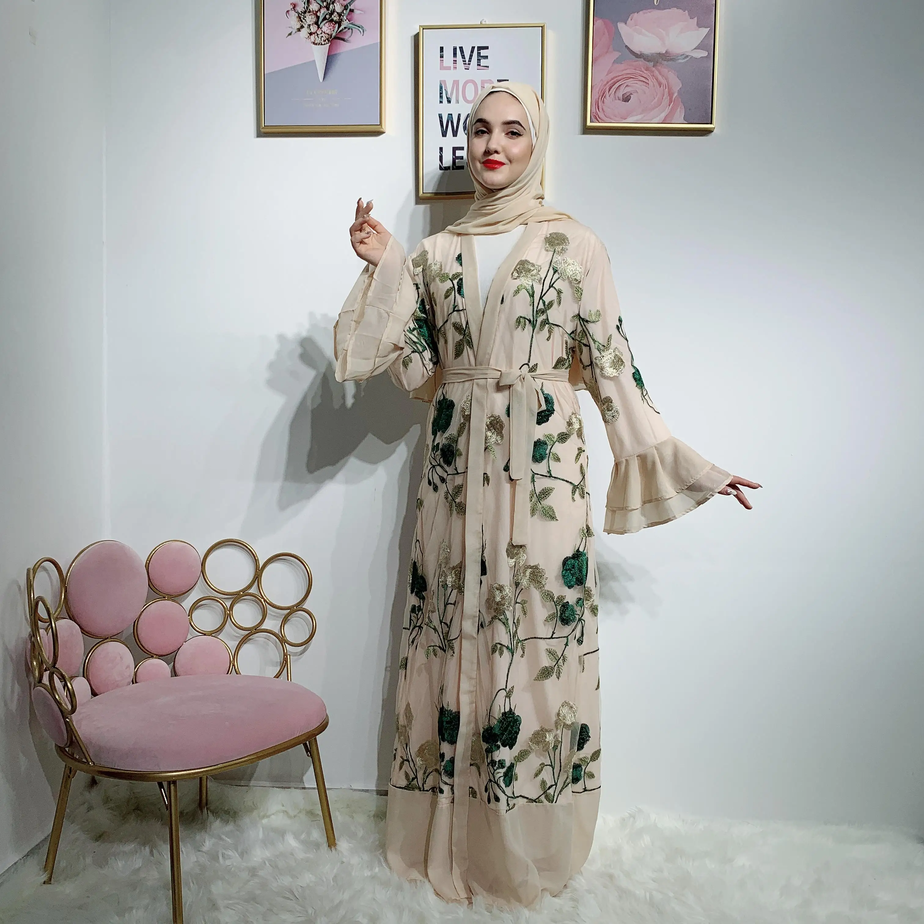 

Muslim Women Long Sleeve Flower Embroidery Maxi Dress Open Front Cardigan Kaftan Prayer Jilbab Long Robe Turkey Gown Clothing