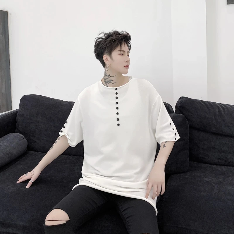 

Men Summer Thin Knitting Short Sleeve Slim Fit T-shirt Male Streetwear Fashion Button Decoration Tees Shirts