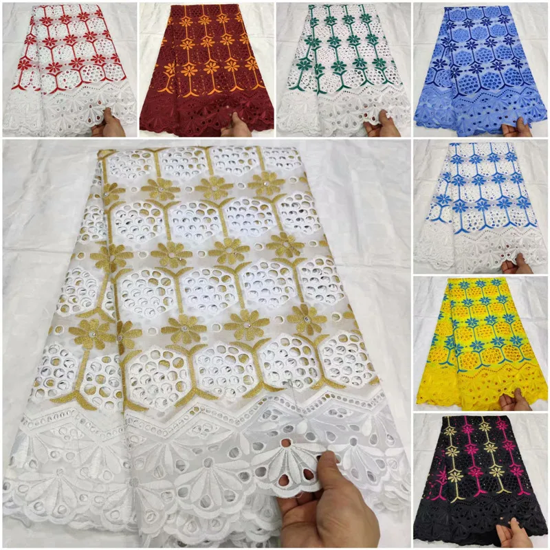 

white Nigerian Swiss Voile Lace In Switzerland High Quality African Swiss 100% Cotton Lace Fabric Stoned Holes For Dress Sewing