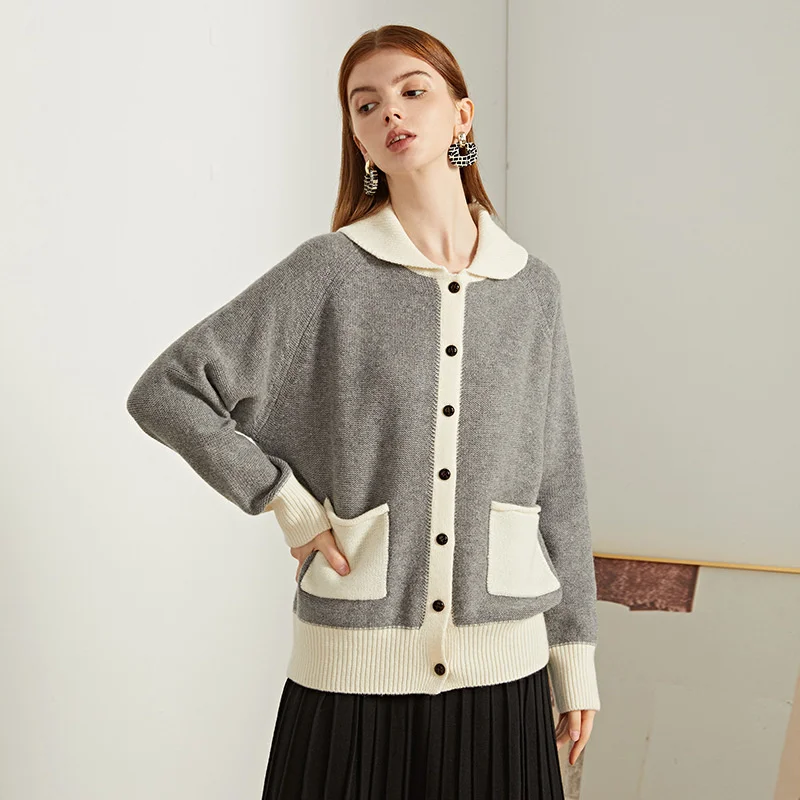 

Женский трикотажный кардиган с лацканами, однобортный контрастный кардиган из 100%-ной шерсти, Осень-зима 2021