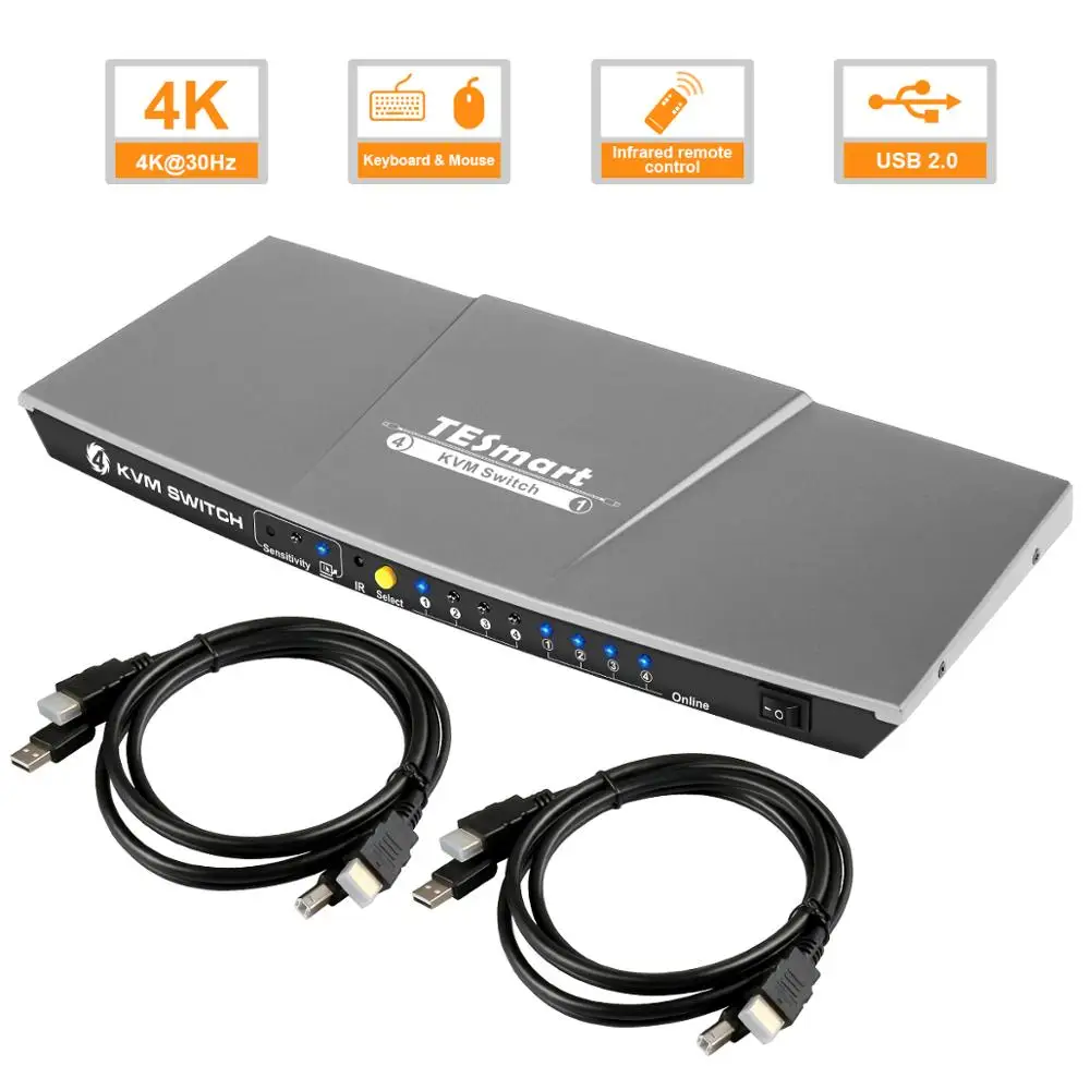 KVM Switch HDMI 4 Ports 3840x2160@30Hz with Supports USB 2.0 Device Control up to 4 Computers etc