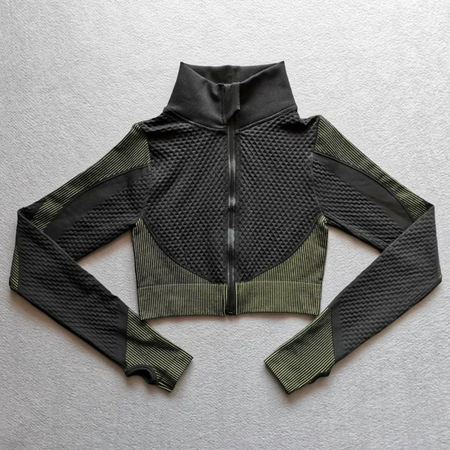 Seamless Long Sleeve Yoga Tops Women Sports Top Fitness Gym Zipper Workout Shirt Crop Tops With Thumb Hole Running Sports Wear - Цвет: Black green