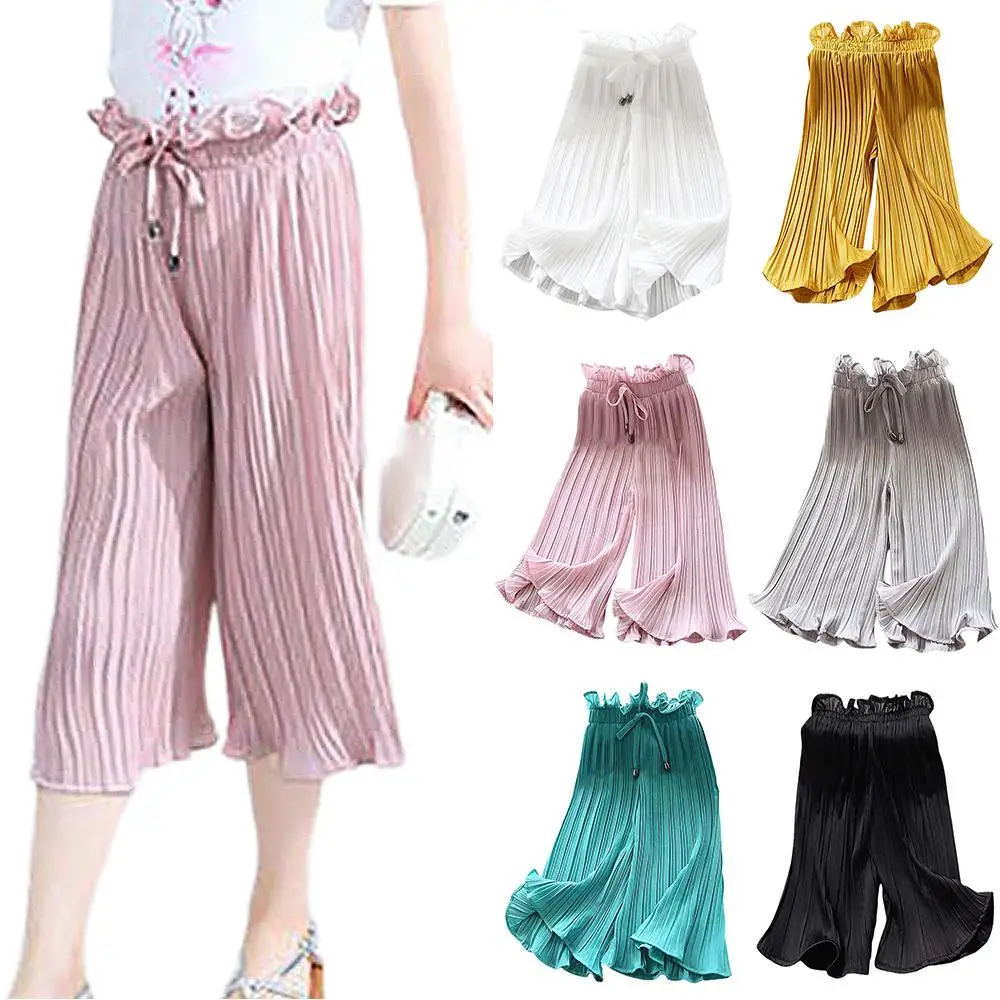 

Kids High Waist Ruffle Wide Leg Pants Baby Girls Knee Length Frilled Casual Trousers