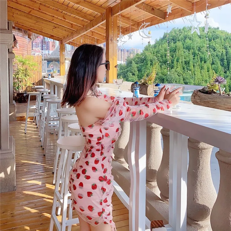 

CBAFU pink sequines strawberry mesh summer dress women square collar long sleeve sheath mini dress sexy backless party M401