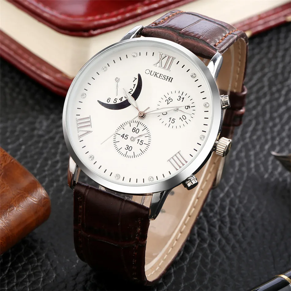 

Fashion Decorate Dials Display Men's Quartz Wristwatch Black/Brown Leather Watch Band Casual Mens Watches