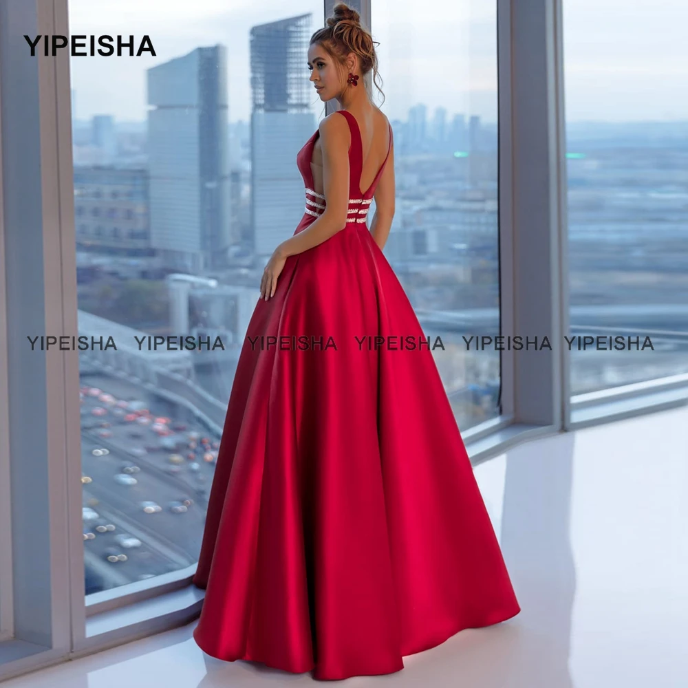 

Yipeisha Double V-neck Evening Dresses Long Beaded A Line Satin Prom Gown Robe de Soiree Backless Formal Dress 2021