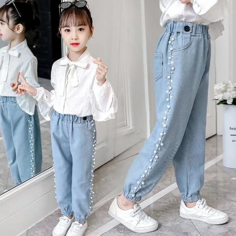 

Girls Jeans Spring Autumn Fashion Kids Pearl Denim Trousers Baby Girls Clothes Elastic Waist Children Pants 3 -12 Years