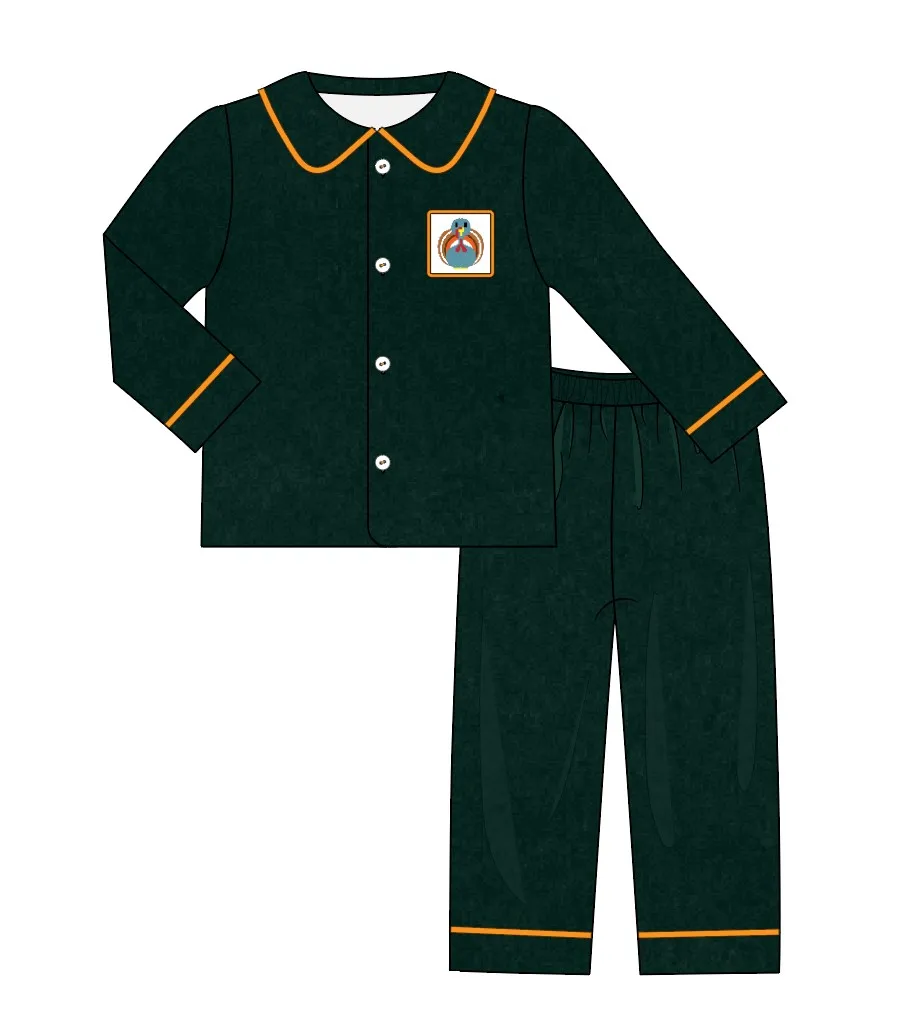 Autumn Clothes Navy Blue Long Sleeve Top And Brown Striped Trousers Child Is Born Embroidery Pattern Boys Clothes