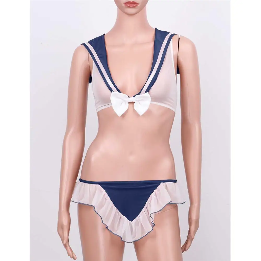 

2Pcs Womens Erotic Sailor Cosplay Costume See Through Sheer Lingerie Set Sailor Collar Crop Top with Ruffled Briefs Underwear