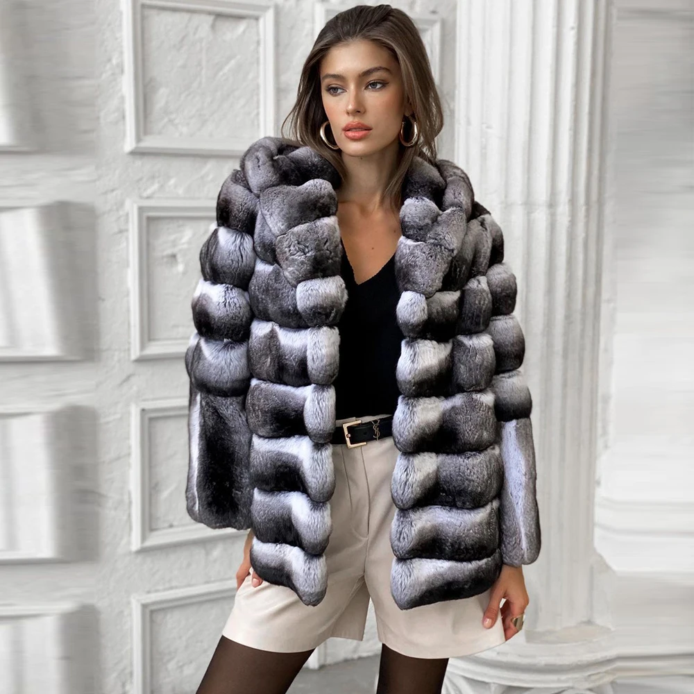 Women Medium Length Real Rex Rabbit Fur Coat with Hood Thick Warm Winter Fur Overcoats Chinchilla Color Natural Rabbit Jackets enlarge