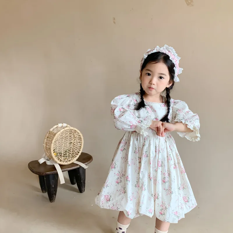 

Autumn Girls Clothes Korean Long Sleeve O-Neck Cute Floral Retro Tutu Dress