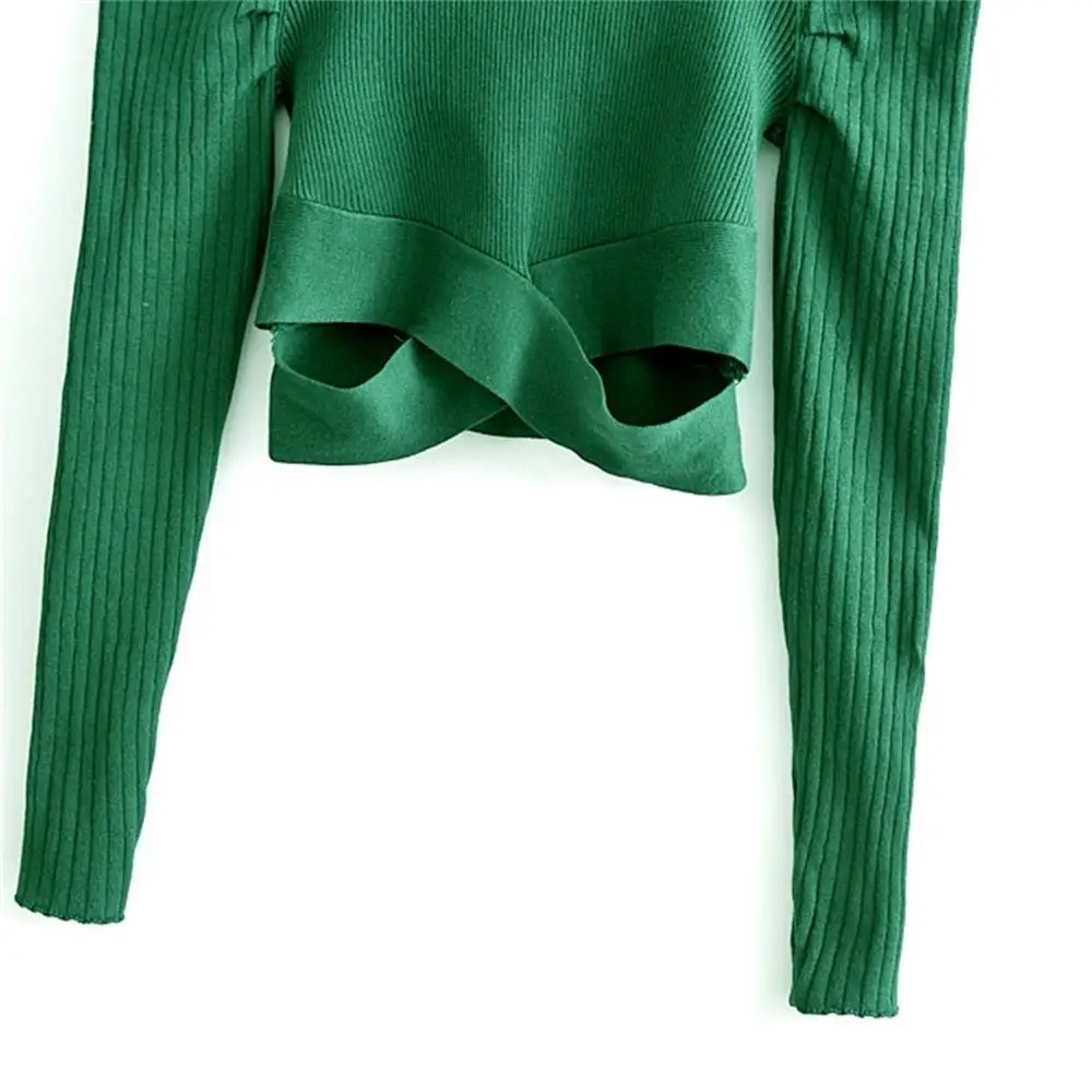 

2020 new wild temperament bubble sleeve irregular slim slimming round neck ribbed sweater short sweater