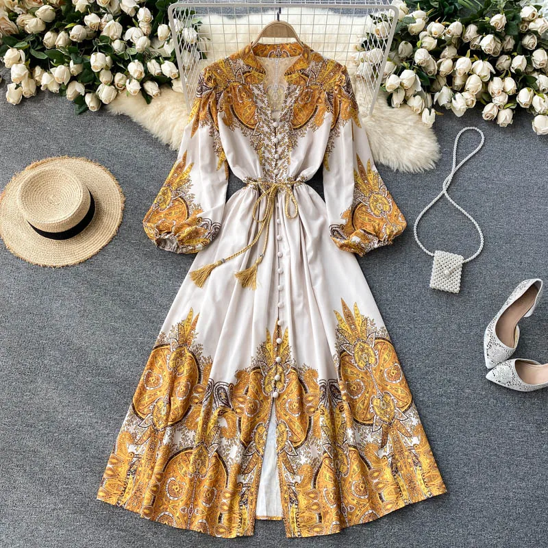 

2021 Summer Women Big Lantern Sleeve Chiffon Dress V-neck Floral Printed Beach Pearl Button Down Maxi Dresses Sexy Vestidos New