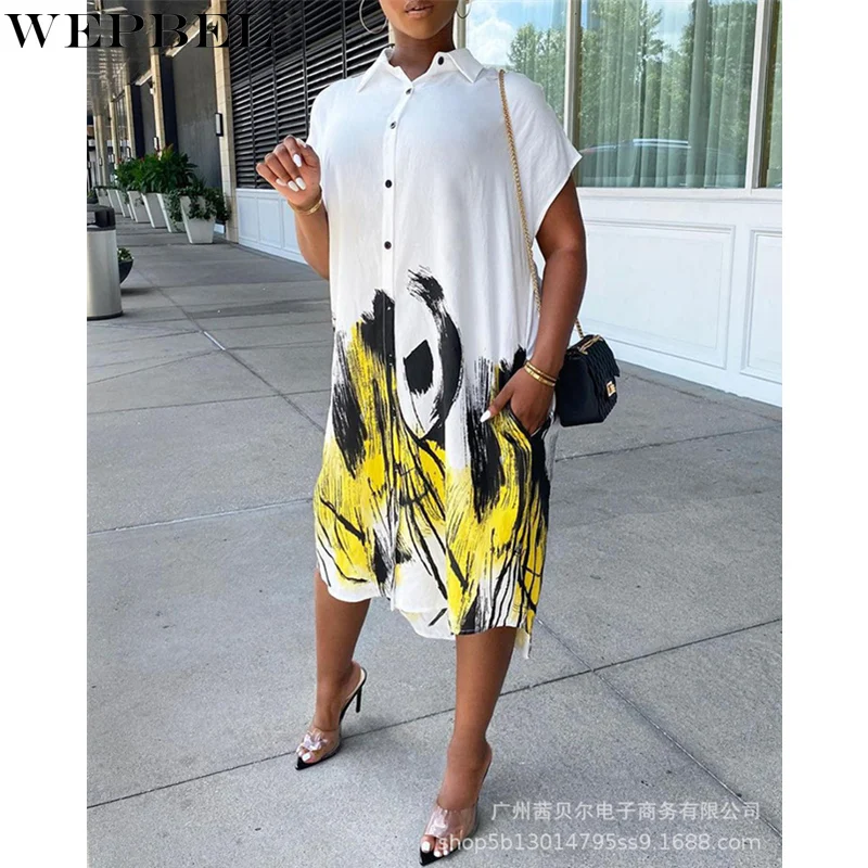 

Женское платье-рубашка WEPBEL с принтом, элегантная однобортная Свободная рубашка с коротким рукавом и отложным воротником