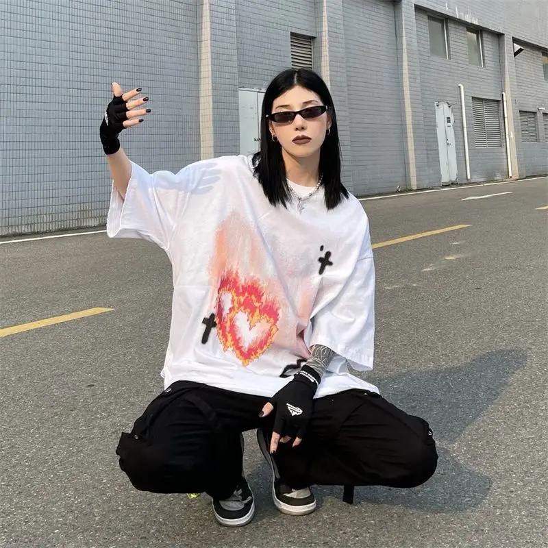 

Women's Cotton Loose Hip Hop Street T-Shirt Tie Dye Flame Heart Print Tees Lady's Summer Oversized O-Neck Cool Girl's Tops TS048
