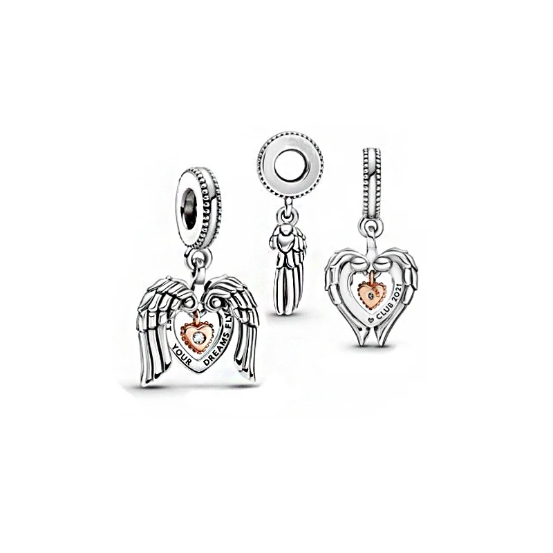 

2021 Valentine's Day 925 Sterling Silver Bead Love Heart Wings Dangle Charms Fit Original Pandora Bracelets Women Jewelry Gift