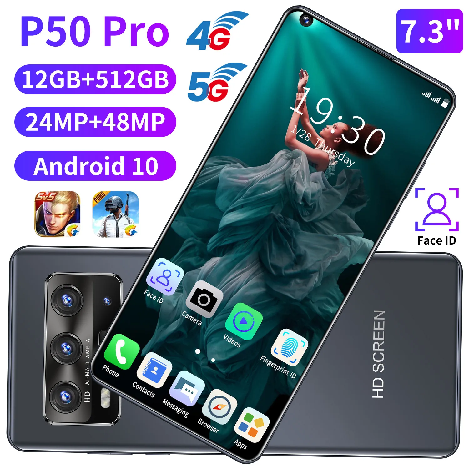 

New Arrival Mobile Phone P50 Pro Global Version 12GB 512GB 7.3 Inch Screen 5600mAh Snapdragon 888 24MP 48MP Camera Face ID
