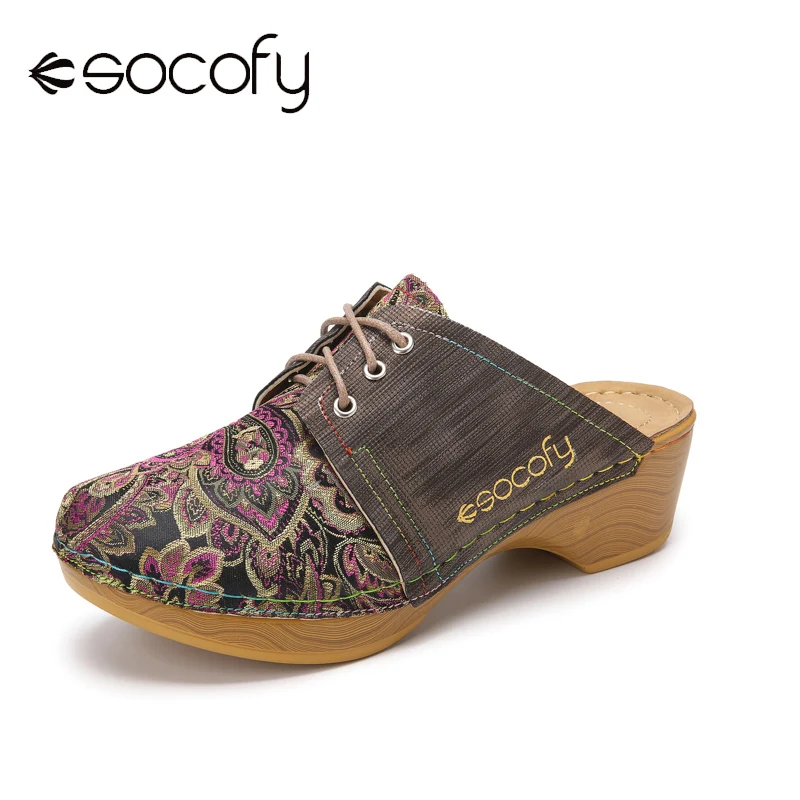 SOCOFY Retro Floral Cloth Lace Up Decor Slip On Wood Mules Clogs Comfy Low Heel Sandals Women Shoes For Mother's Day Gifts