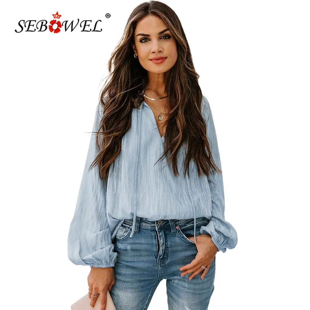 

SEBOWEL Woman V Neck Lantern Sleeve Textured Solid Top Female Spring Autumn Casual Drawstring Blouse Ladies Sexy Shirts Tops 2XL